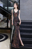 V-Neck Sequins Long Evening Dress With Split-27dress