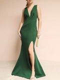 V-neck Sheath Bridesmaid Dress with Split Front and Floor-length Crepe Skirt