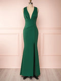 V-neck Sheath Bridesmaid Dress with Split Front and Floor-length Crepe Skirt