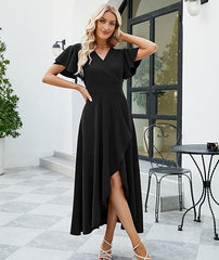 V-Neck Short Butterfly Sleeves Hi-Lo Prom Dress with Split-27dress