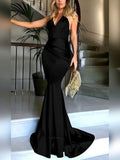 V-neck Silk-like Satin Ruffles Prom Dress with Trumpet/Mermaid Sweep Train