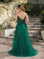 V-Neck Sleeveless A-Line Long Prom Dress with Appliques-27dress