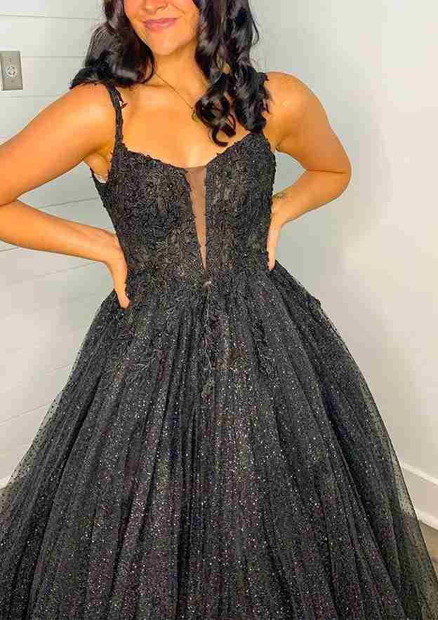 V Neck Sleeveless Long Tulle Prom Dress with Appliques & Beading-27dress