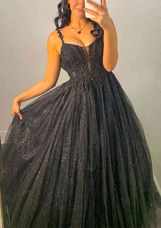 V Neck Sleeveless Long Tulle Prom Dress with Appliques & Beading-27dress