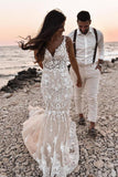 V-Neck Sleeveless Mermaid Wedding Dress With Appliques Bridal Gown-27dress