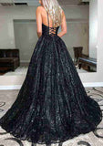 V Neck Sleeveless Prom Dress with Sequined Sweep Train - Ball Gown Style-27dress