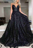 V Neck Sleeveless Prom Dress with Sequined Sweep Train - Ball Gown Style-27dress