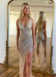 V-Neck Sleeveless Sequined Prom Dress with Sweep Train and Sequins-27dress