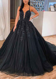 V Neck Sleeveless Tulle Court Train Prom Dress With Appliqued Beading Ball Gown-27dress