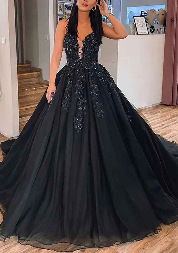 V Neck Sleeveless Tulle Court Train Prom Dress With Appliqued Beading Ball Gown-27dress