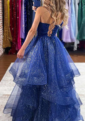 V-Neck Sleeveless Tulle Long Prom Dress with Ruffles and Glitter-27dress