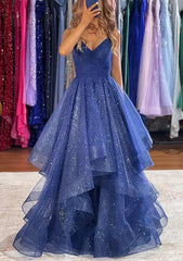 V-Neck Sleeveless Tulle Long Prom Dress with Ruffles and Glitter-27dress