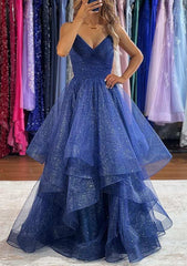 V-Neck Sleeveless Tulle Long Prom Dress with Ruffles and Glitter-27dress