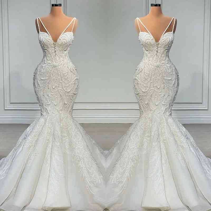 V-Neck Sleeveless Wedding Dress Mermaid Lace With Beads-27dress