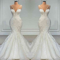 V-Neck Sleeveless Wedding Dress Mermaid Lace With Beads-27dress