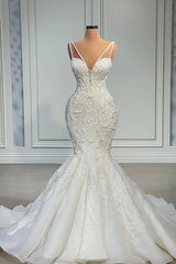 V-Neck Sleeveless Wedding Dress Mermaid Lace With Beads-27dress