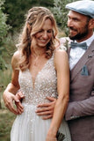 V-Neck Sleeveless Wedding Dress Tulle Slit With Lace Appliques-27dress