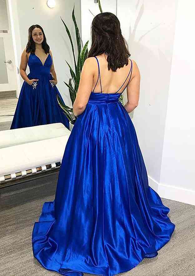 V Neck Spaghetti Straps Ball Gown Satin Prom Dress with Pockets & Beading-27dress