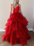 V Neck Spaghetti Straps Prom Dress - A-line Tulle Floor-Length With Beading Cascading Ruffles-27dress