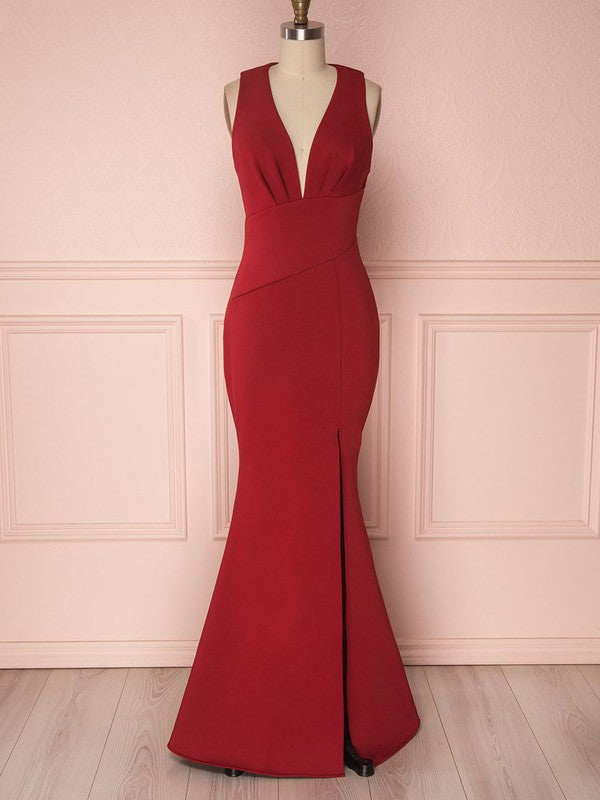 V-Neck Stretch Crepe Bridesmaid Dresses with Sheath Column and Floor-length Ruffles