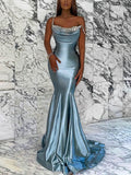 V-neck Trumpet/Mermaid Prom Dress in Silk-like Satin with Beading and Sweep Train