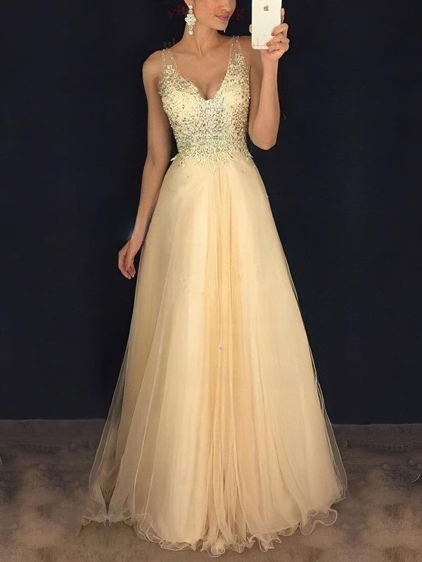 V-neck Tulle Appliques Lace Prom Dress for Ball Gown/Princess Floor-length