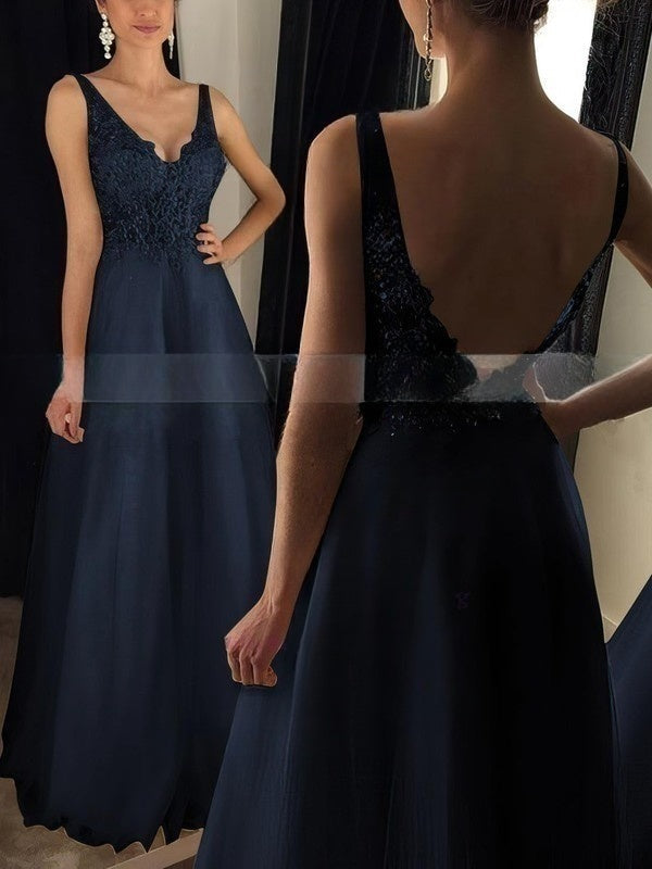 V-neck Tulle Appliques Lace Prom Dress for Ball Gown/Princess Floor-length