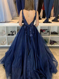 V-neck Tulle Appliques Lace Prom Dress - Princess Sweep Train Ball Gown