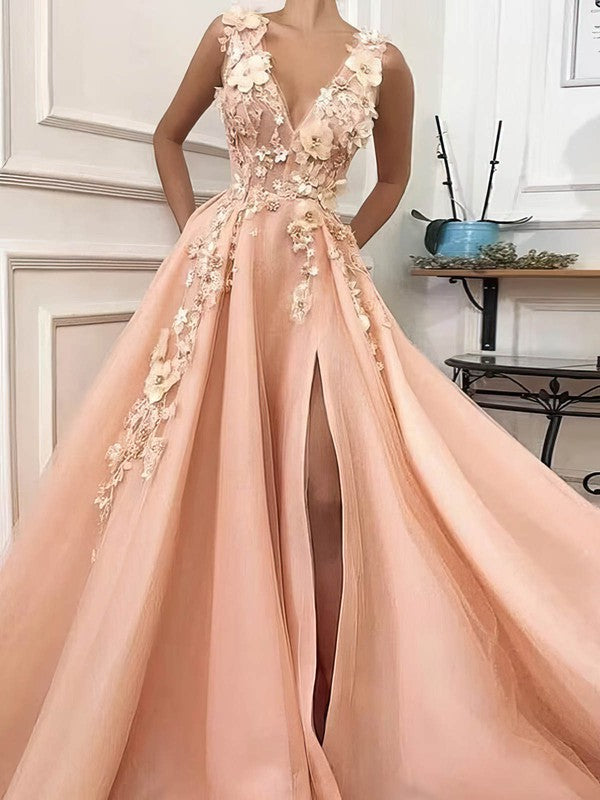 V-neck Tulle Appliques Lace Prom Dresses - Ball Gown/Princess Sweep Train