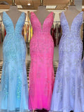 V-neck Tulle Appliques Lace Prom Dresses - Sheath/Column Floor-length