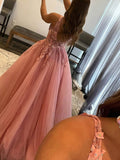 V-neck Tulle Appliques Lace Prom Dresses with Princess Sweep Train