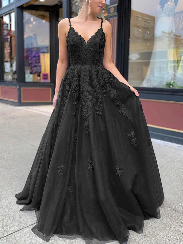 V-neck Tulle Ball Gown Prom Dress with Beading and Sweep Train