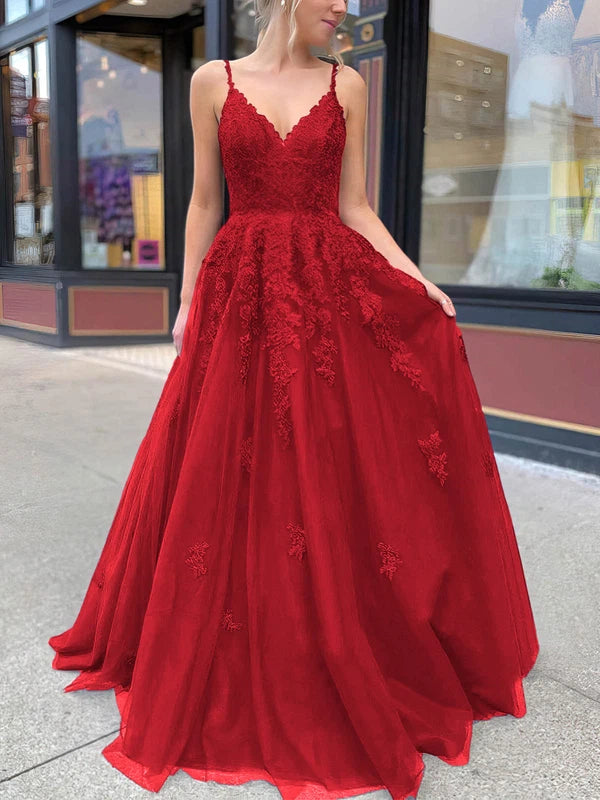 V-neck Tulle Ball Gown Prom Dress with Beading and Sweep Train