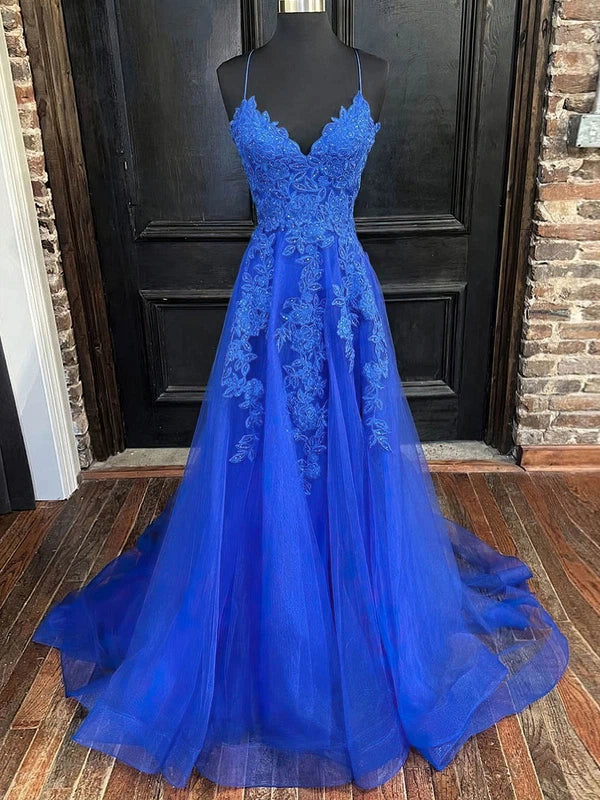 V-neck Tulle Ball Gown Prom Dresses with Beading and Sweep Train