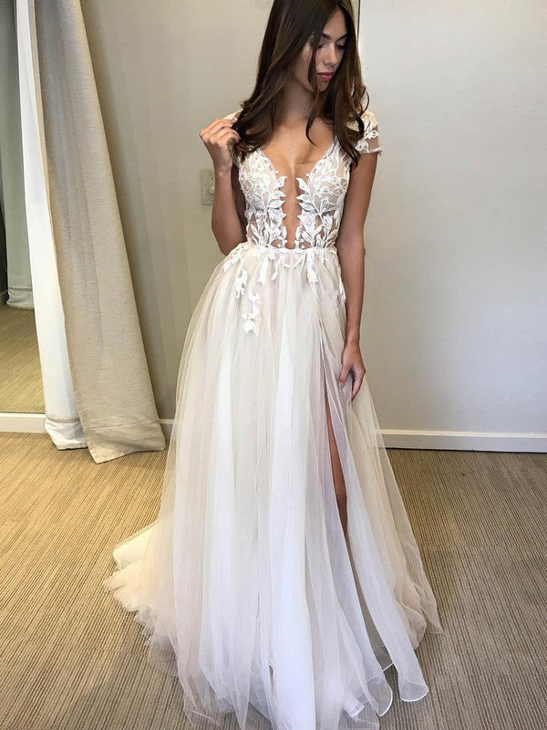 V-neck Tulle Ball Gown Wedding Dress with Split Front and Sweep Train