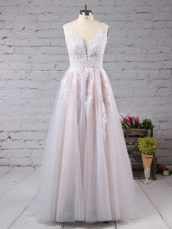 V-neck Tulle Beading Ball Gown/Princess Floor-length Prom Dresses