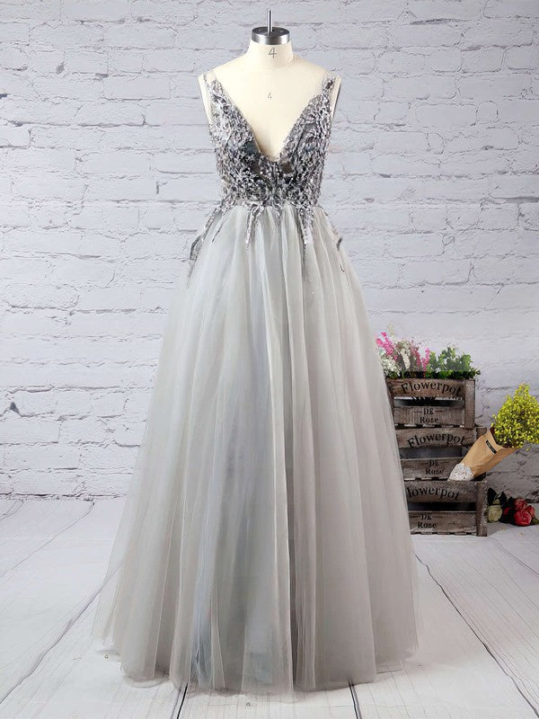 V-neck Tulle Beading Prom Dress - Ball Gown/Princess Floor-length