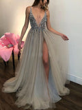 V-neck Tulle Beading Prom Dress - Ball Gown/Princess Floor-length