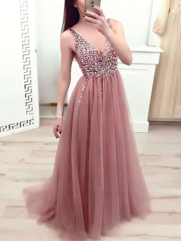 V-neck Tulle Beading Prom Dress - Ball Gown/Princess Floor-length