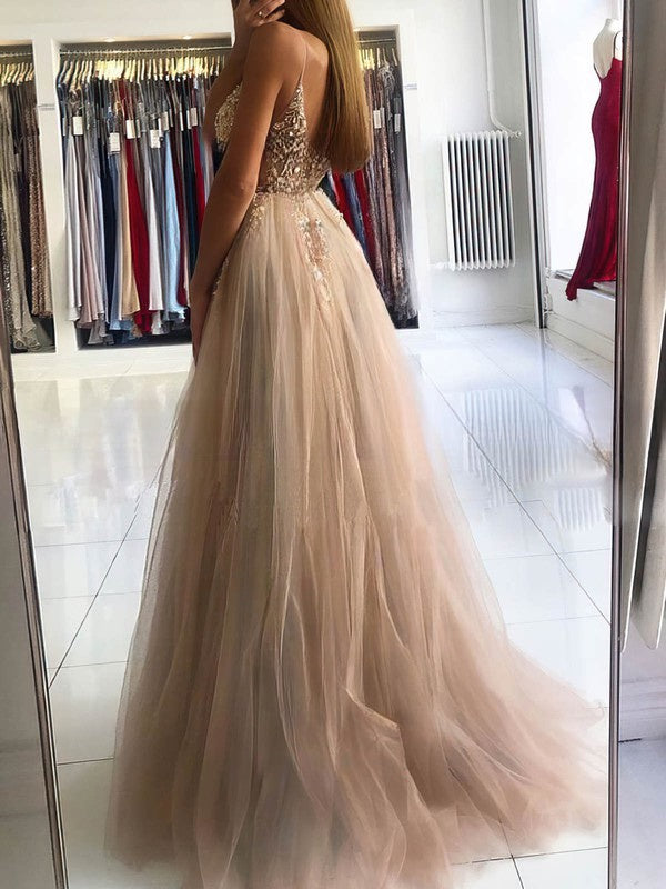 V-neck Tulle Beading Prom Dress - Ball Gown/Princess Sweep Train