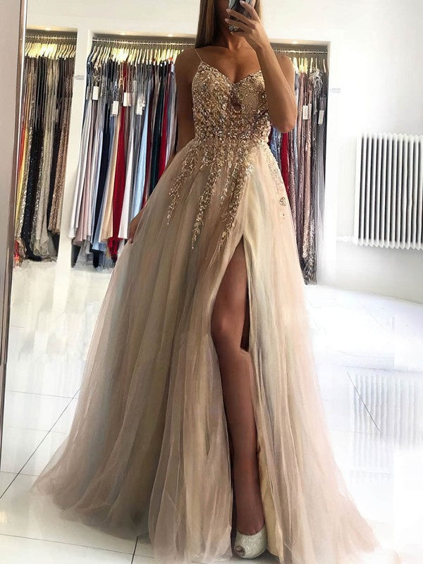 V-neck Tulle Beading Prom Dress - Ball Gown/Princess Sweep Train