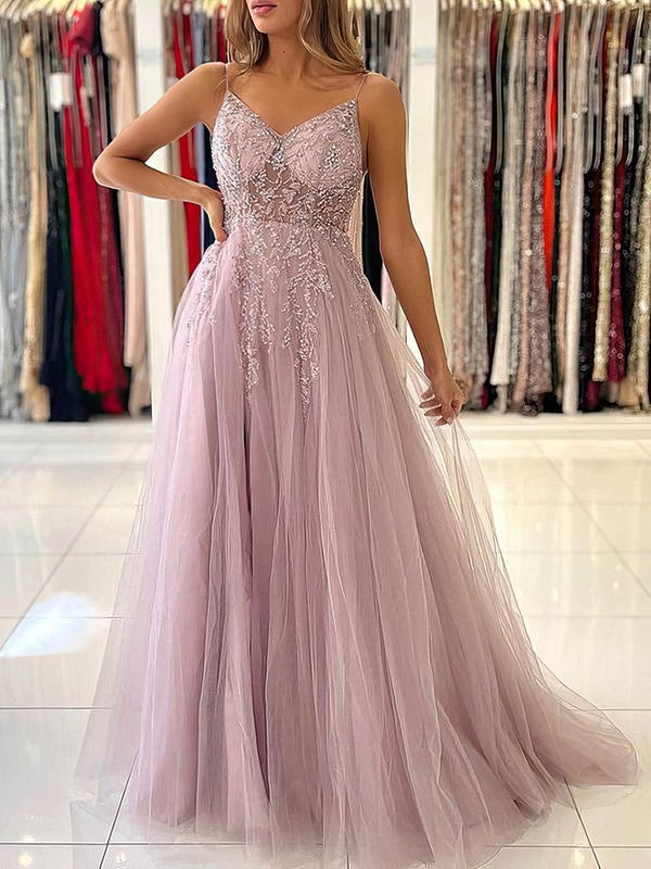 V-neck Tulle Beading Prom Dress - Ball Gown/Princess Sweep Train