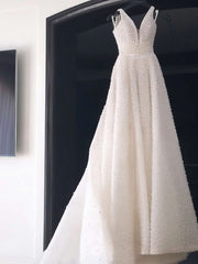 V-neck Tulle Chapel Train Wedding Dress with Pearl Detailing