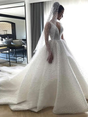 V-neck Tulle Chapel Train Wedding Dress with Pearl Detailing