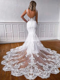 V-neck Tulle Court Train Wedding Dress with Appliques Lace for Trumpet/Mermaid Look