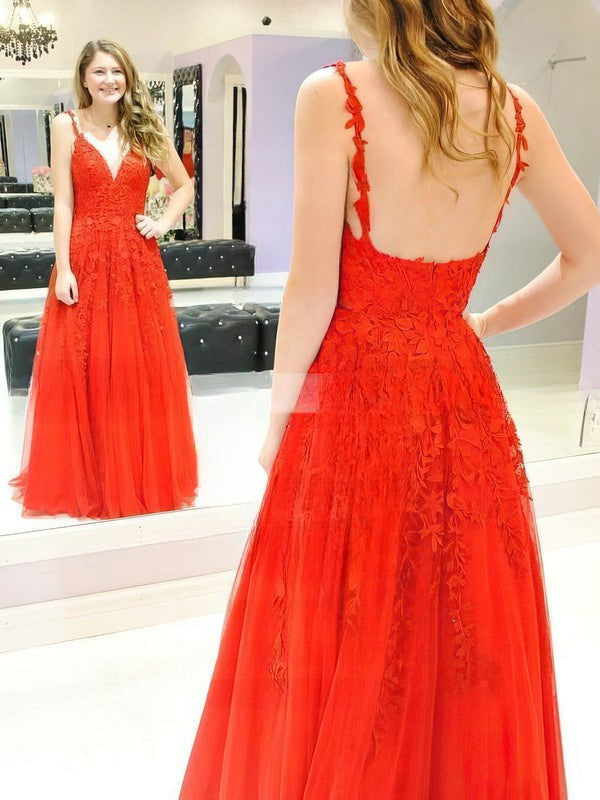 V-neck Tulle Lace Appliques Lace Prom Dress: Ball Gown/Princess Sweep Train