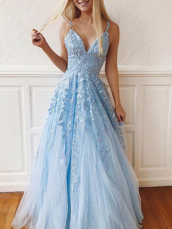 V-neck Tulle Lace Appliques Lace Prom Dress: Ball Gown/Princess Sweep Train