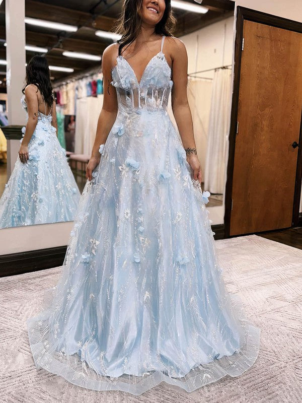 V-neck Tulle Prom Dress with Flowers - Ball Gown/Princess Look