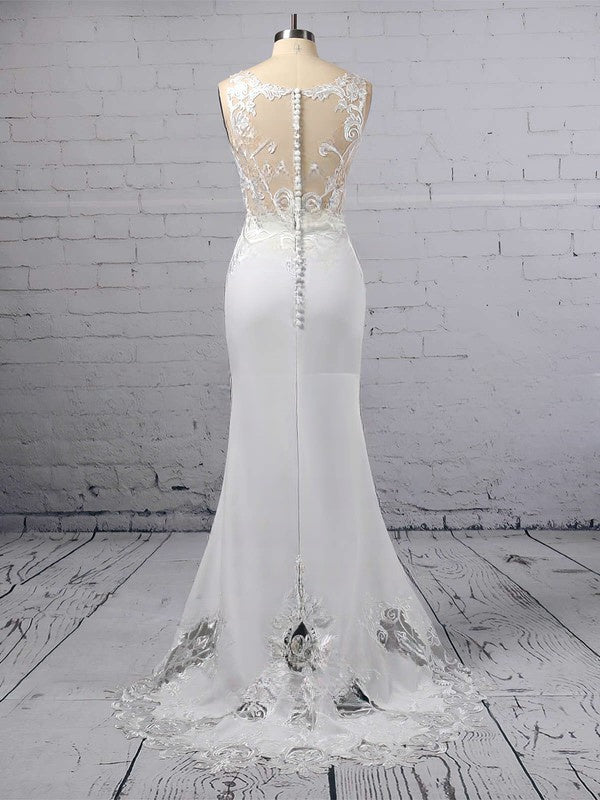 V-neck Tulle Silk-like Satin Sweep Train Trumpet/Mermaid Wedding Dress