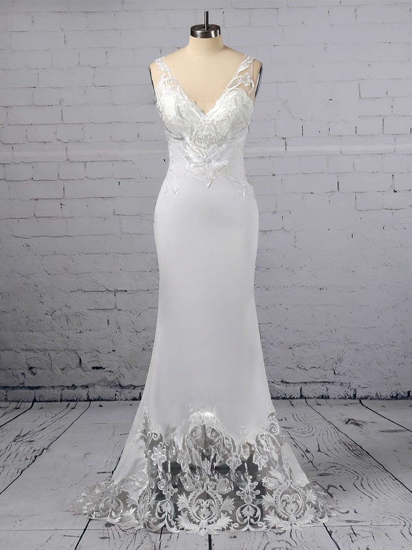 V-neck Tulle Silk-like Satin Sweep Train Trumpet/Mermaid Wedding Dress